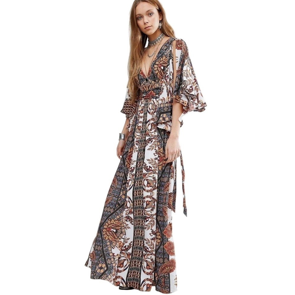 Free People 6 Fern Paisley V-Neck Split Flutter Sleeve Maxi Boho Cottagecore 70s